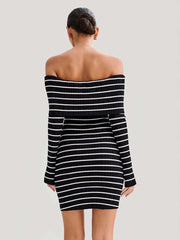 Striped Long Sleeve Knitwear Open Shoulder Short Dress