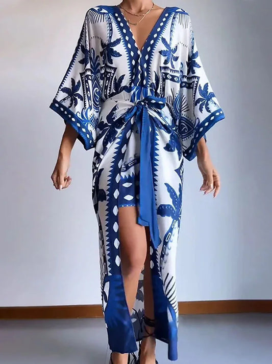 Lace-Up Flare Sleeve Deep V-Neck Printed Maxi Dress