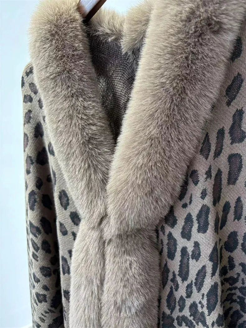 Close-up of a coat with fur collar and leopard print pattern