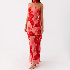 Red floral dress on a white background