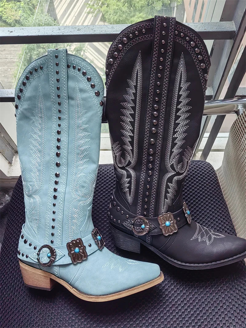 Pair of light blue and black embroidery buckle knee high boots