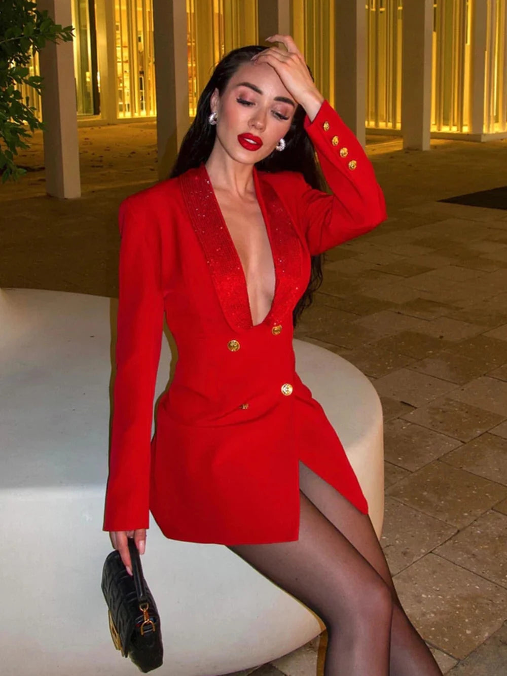  Red Deep V-Neck Open Back Long Sleeved Women Suit