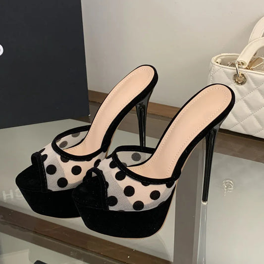 Polka dot mesh stiletto platform slippers