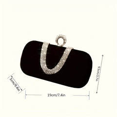 A glamorous rhinestone clutch purse with a delicate chain strap, showcasing its sparkling design. Measurement and Size.