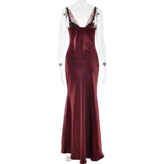 Spaghetti Strap V-Neck Lace Trim Satin Maxi Dress