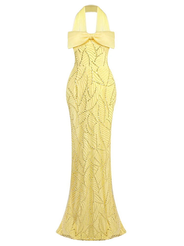 Golden Atelier Yellow Bow Beaded Halter Maxi Dress