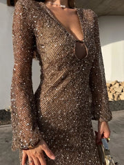Sequined mesh v-neck midi dress side view