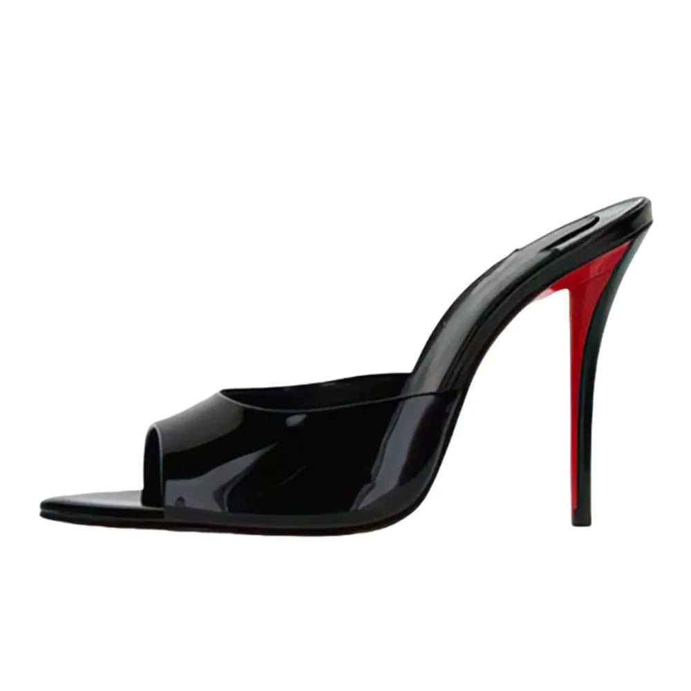 Black pointed high heel mule with red stiletto heel