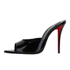 Black pointed high heel mule with red stiletto heel