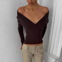 Deep V-Neck Ribbed Knit Top