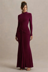 Long Sleeve Turtleneck Drape Tie Up Waist Detail Maxi Dress