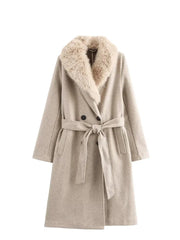 Faux Fur Collar Full Sleeves Belted Long Coat