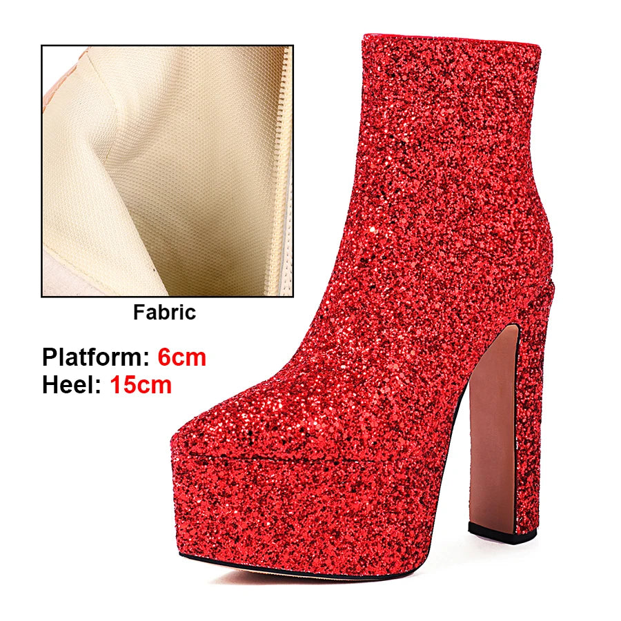Red glitter platform boot with detailed specifications on a white background