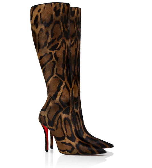 Leopard print knee high pointed toe boots