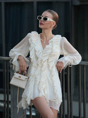 Ruffled Lace Up Long Sleeve Mini Dress