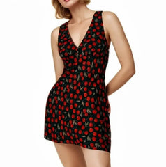 Black With Fruit Red Cherry Print Mini Tank Dress For Women