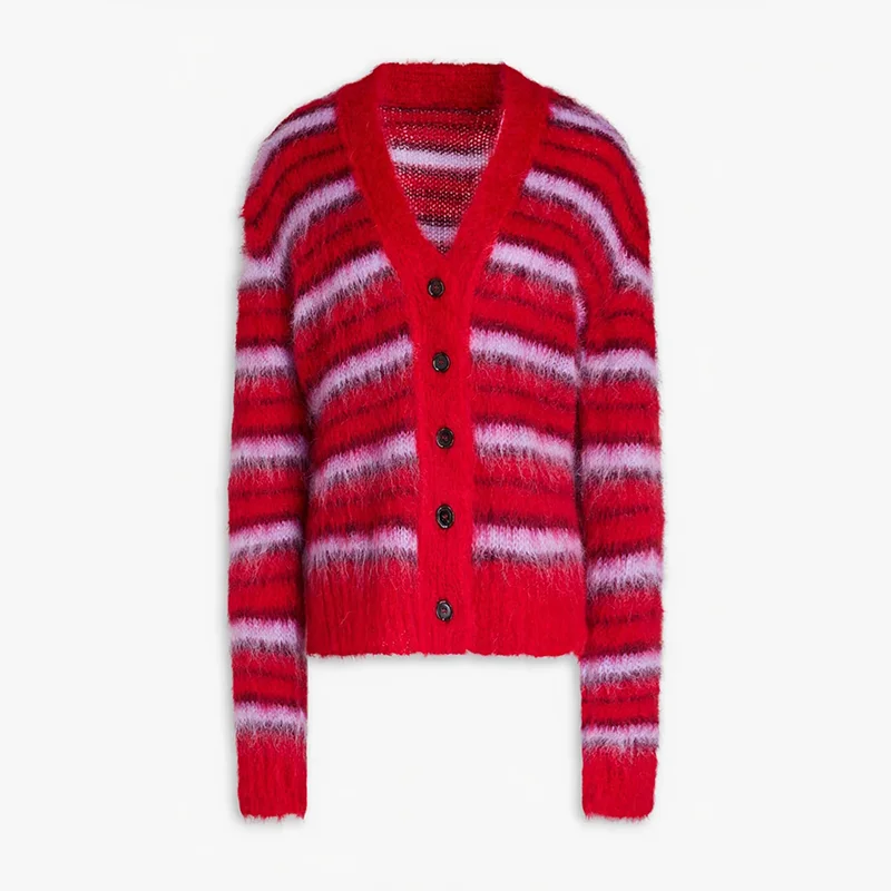 Red and pink striped cardigan on a white background
