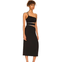 Side view of black one-shoulder midi dress with diamond chain cutouts