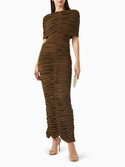 Elegant long dress shown with cape inspired overlay
