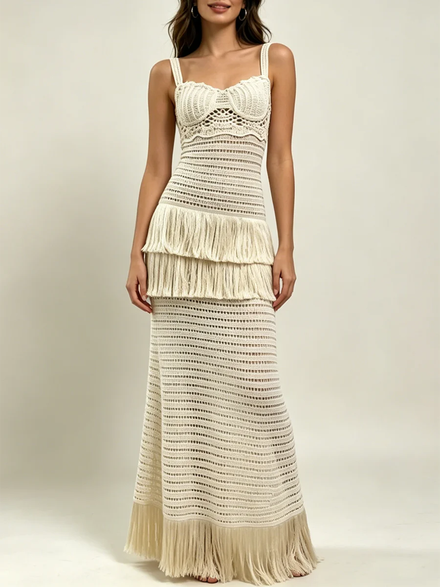 Close-up of the crochet knit texture on a maxi dress