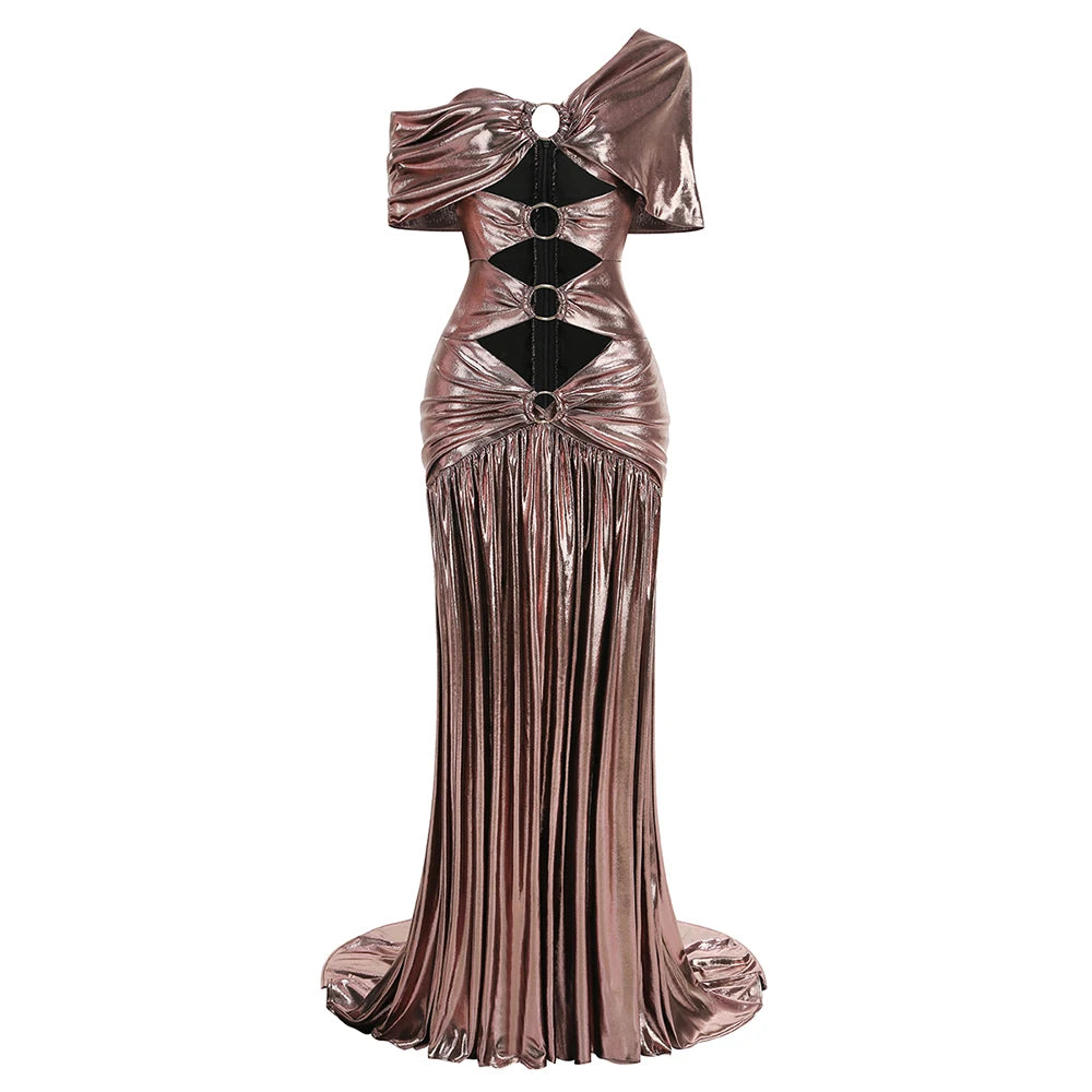 Rose gold evening gown with black geometric accents