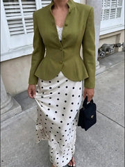 Stand Collar Peplum Hem Diagonal Buttoned Blazer