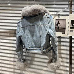 Fox Fur Collar Metal Buckle Denim Short Coat