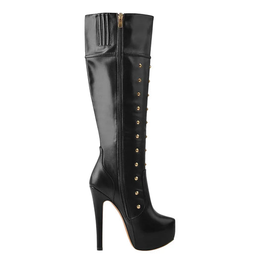 Platform studded stiletto knee-high boot