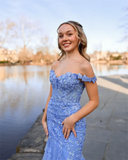  Blue Embroidery Prom Dresses Tulle Mermaid Formal Evening Dresses