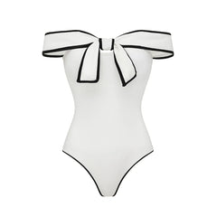 Off-the-Shoulder Bow Swimsuit with Contrast Trim Two-Piece Set