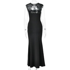 Mesh Cap Sleeve Ruched Bodycon Maxi Dress