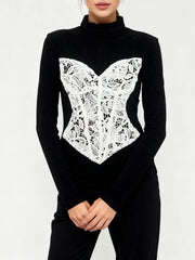 Turtleneck Black Long Sleeve Top with White Corset Design