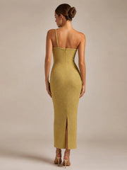 Gold Fringe One-Shoulder Midi Dress