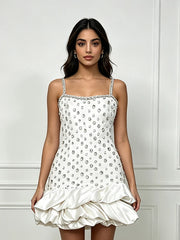White embellished mini dress with ruffle hem