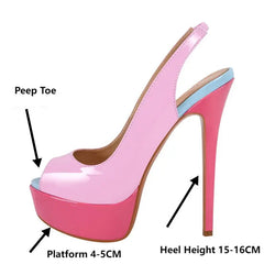 Pink high-heeled shoe with labeled features on a white background
