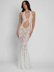 See Through Lace White Open Back Hollow Out Long Dress