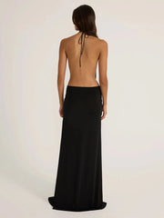 Halter ruched open back maxi dress back view