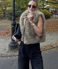 Faux Fur Lapel Sleeveless Vest Coat