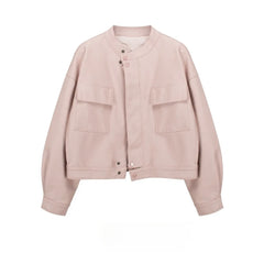 Pink cropped faux leather jacket with round neck and dual front pockets.