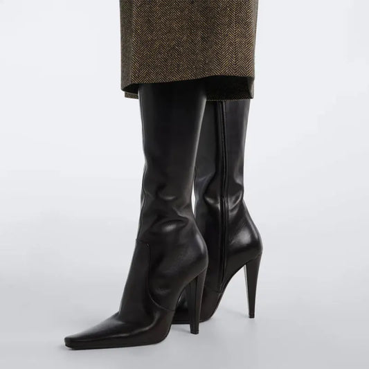Black pointed slim high-heeled knee-high boots