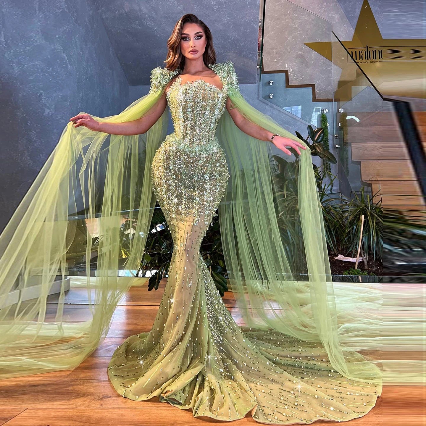 Beaded Mermaid Lime Green Evening Dress with Cape Sleeves