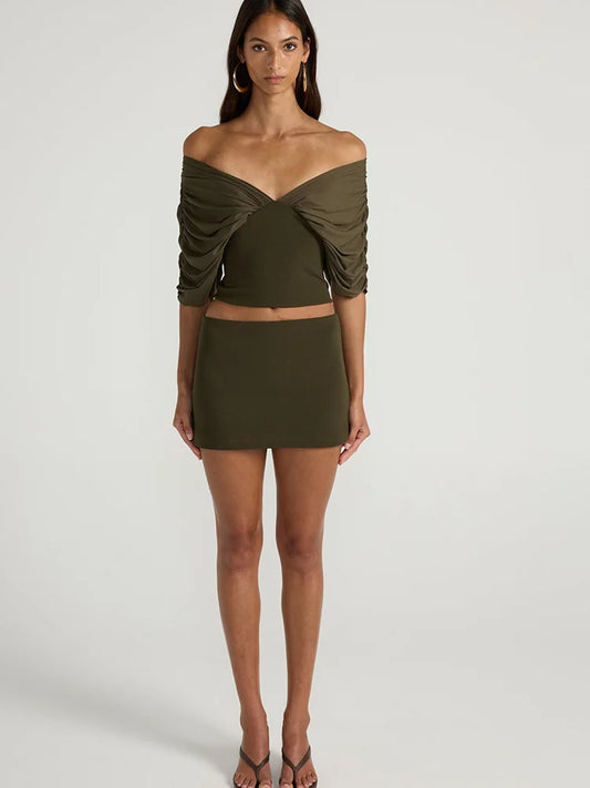 Off shoulder gathered knit crop top full body view