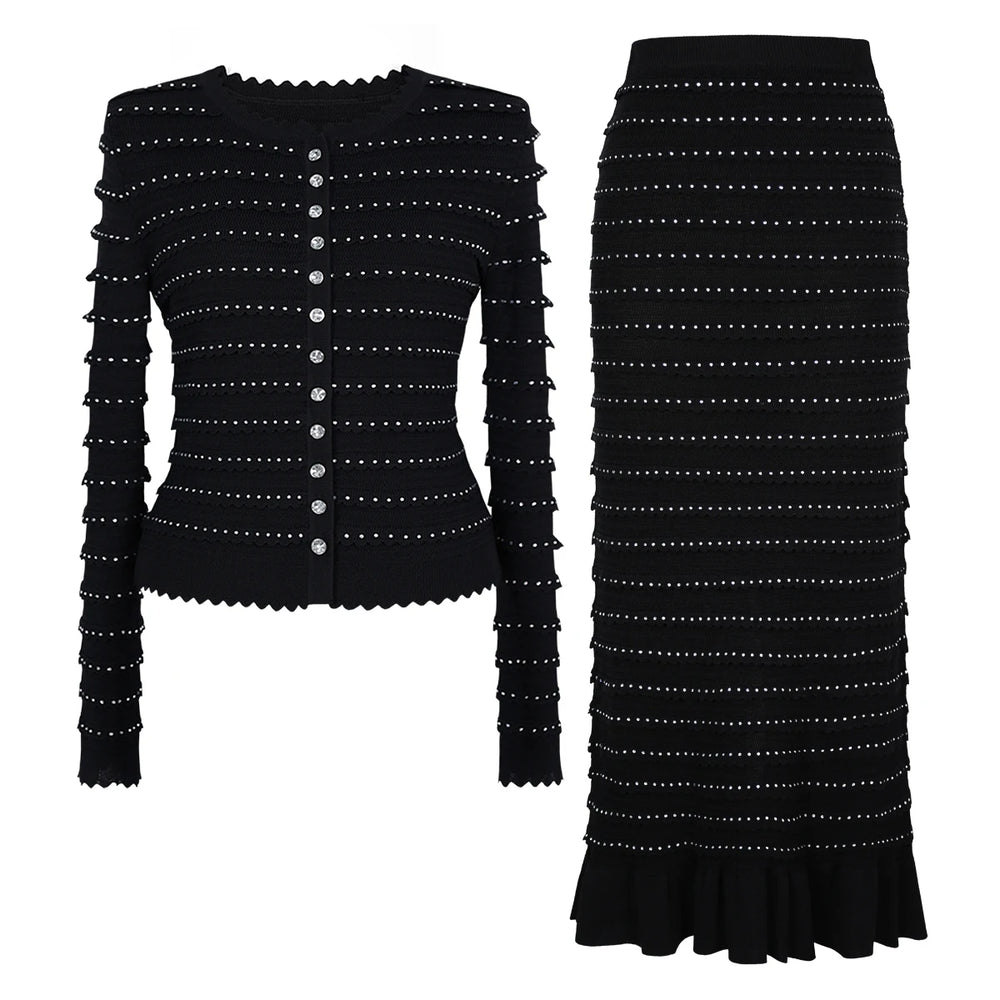 Black knit cardigan and midi skirt set with rhinestone embellishments.