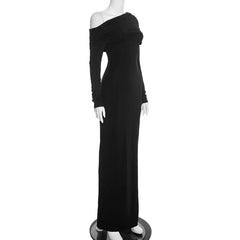 One Shoulder Draped Long Sleeve Maxi Dress