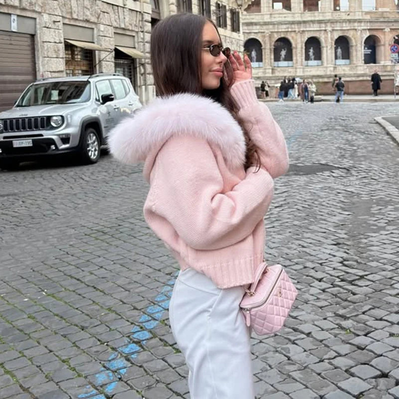 Hooded faux fur trim knit jacket, street setting