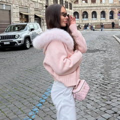 Hooded faux fur trim knit jacket, street setting