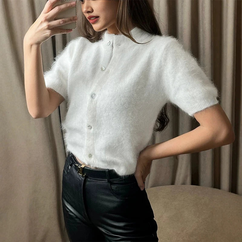 White mock neck puff sleeve fuzzy knit top