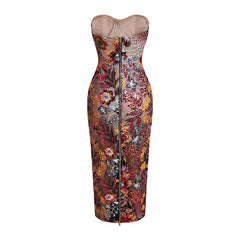 Strapless Floral Sequin Mesh Column Gown