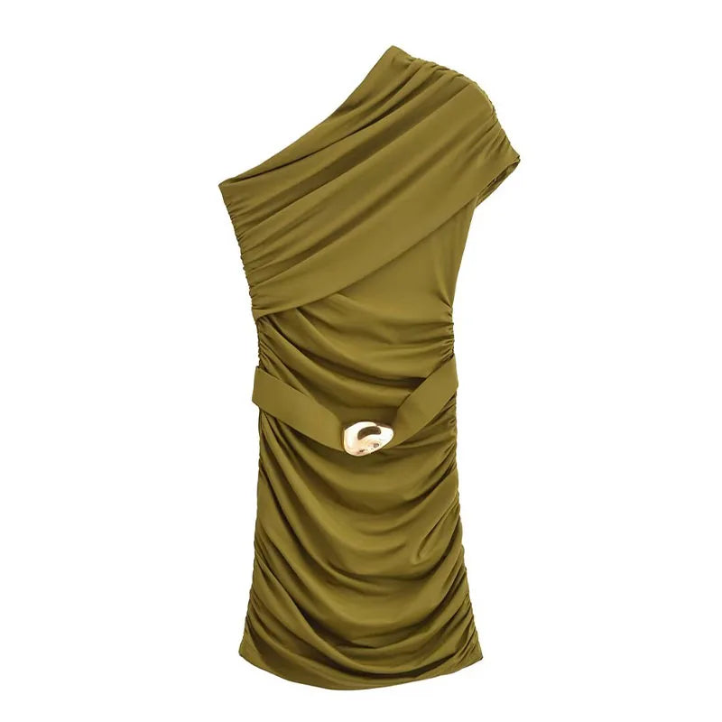 Green one-shoulder dress on a white background