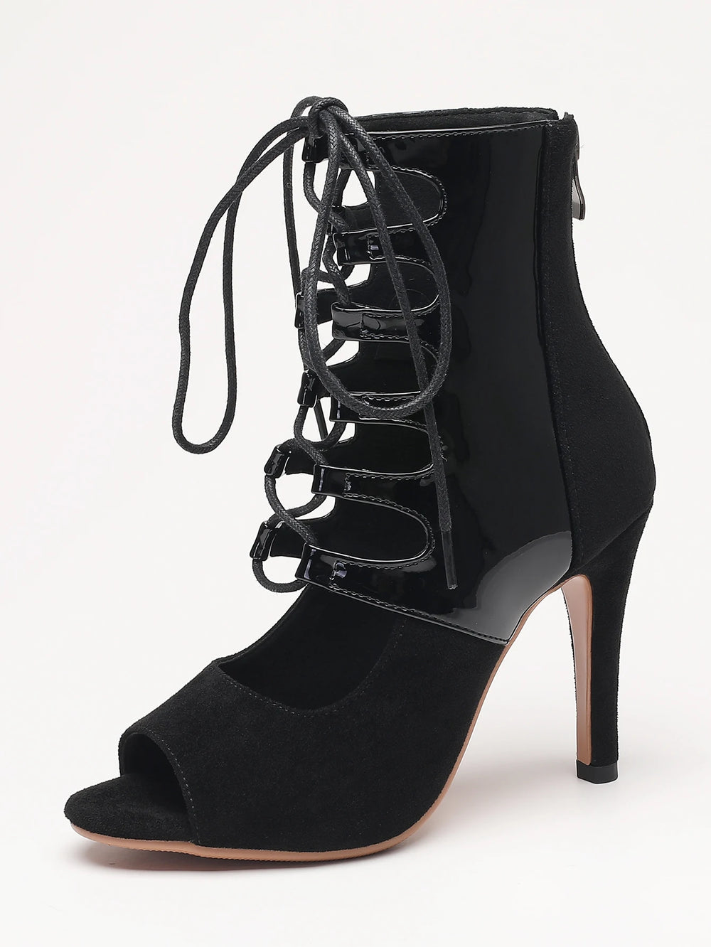 Black high-heeled lace-up boot on a white background